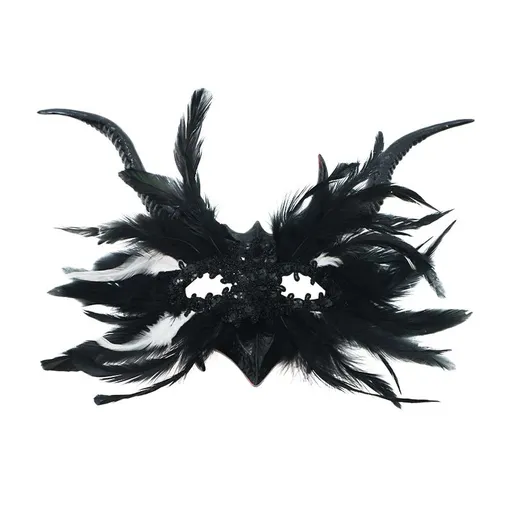 Gothic Demon Horn Mask with Fluffy Feathers 44x28cm Black and White