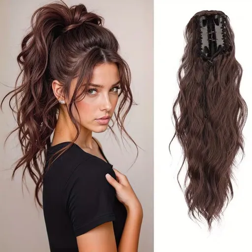 Water wave curly hair clip-in ponytail wig, made of high-heat-resistant synthetic material. Perfect for daily wear to add volume, ideal for holiday celebrations and Halloween parties.（Dark brown）