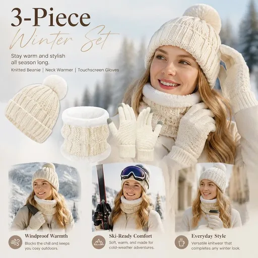 Lovely Winter Ski Present Insulated Knitted Hat 3 Piece Set White, Cosy Matching Outfit For Mountain Snow Trips