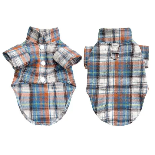Shine Dog Plaid Shirt Suit Wedding Teddy Orange Blue Blouse with D-Button M chest circumference 40 back length 30cm