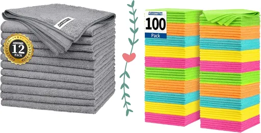 Grey Microfiber Cleaning Cloth -Pack of 12 Microfiber Cleaning Cloth Bulk, 100 Pack Shop Towels, Lint-Free Car Wash Towels