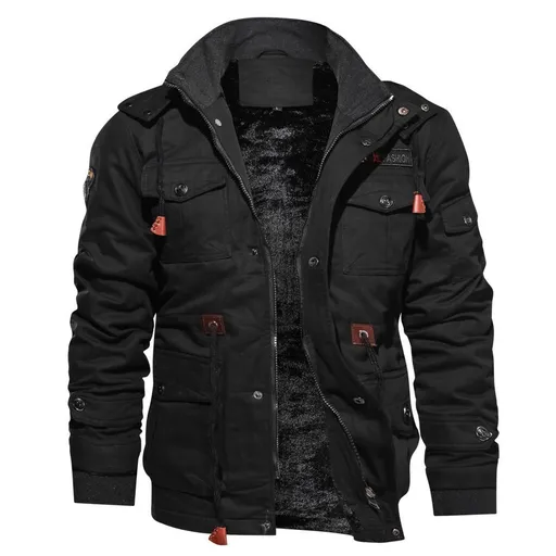MOOGEN Men Thickened Hooded Jacket Winter Casual Black Size: M; Height (cm): 165-170; Weight (kg): 55-65; Bust (cm): 100; Shoulder width (cm): 44; Length (cm): 66; Sleeve length (cm): 60