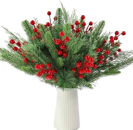 60 PCS Artificial Pine Branches Christmas Faux Pine Greenery Stems Red Holly Berries Fake Cedar Pine Needles Picks for Christmas Tree Wreath Garland Holiday Home Decoration
