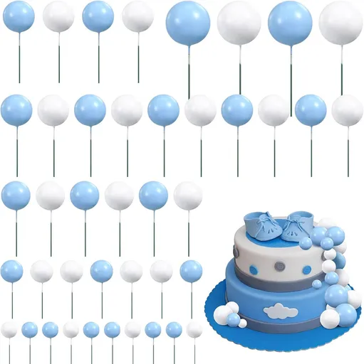 66 Pcs Ball Cake Topper Decorations Mini Balloon Sticks DIY Cake Picks Insert oam Balls or Graduation Wedding Party Birthday Decorating Supplies(Blue, White)