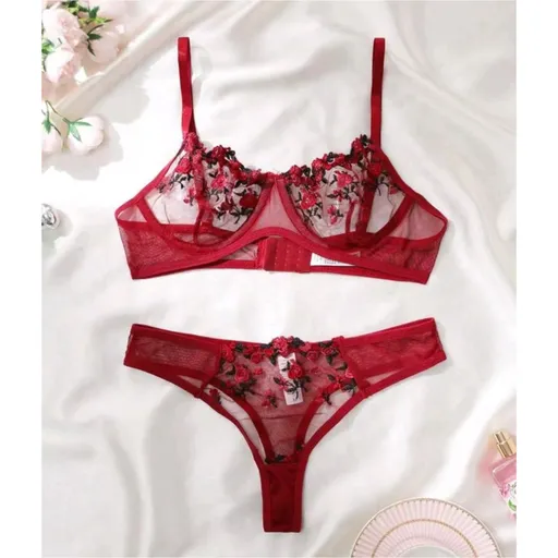 House Of Dasein Women's Intimates Sweet And Sexy Low Waist Floral Embroidery Mesh Transparent Lingerie Two-Piece Set - Wine Red - L