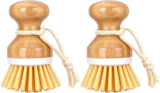 2 Pack Bamboo Dish Scrub Brushes with Ergonomic Palm Handles, Natural Bristle Kitchen Cleaning Brushes for Dishes, Pots, Pans and Sinks