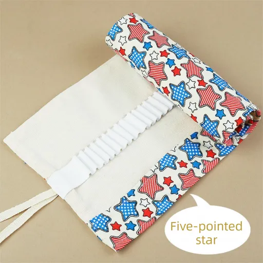 108-Slot Print Canvas Pencil Roll (Five-pointed star)- Large Capacity Roll-Up Pencil Case with Individual Holders and Tie Closure for Coloured Pencils, Drawing and Sketching