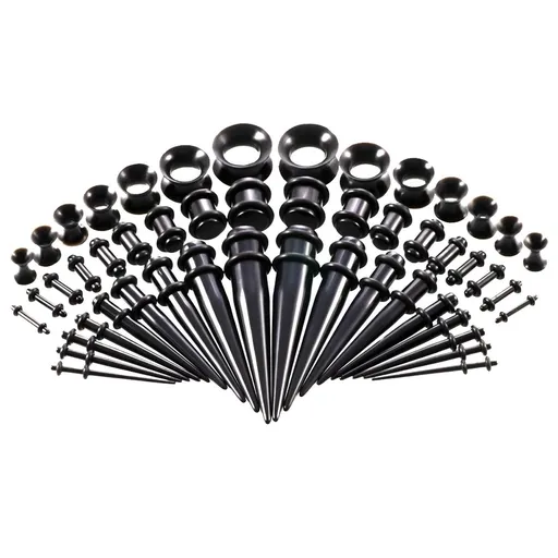 Cone Ear Expander for Ear Holes Black, 50 Pieces Ear Stretching Kit Acrylic Tapers and Plugs + Silicone Tunnels Ear Gauges Expander Set Body Piercing Jewelry