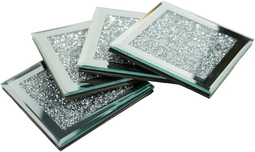Set of 4 Mirror Effect Coasters – Crushed Diamond Coasters – Table Decor – With cut diamond crystal and mirror (square), for restaurant tables, kitchens, bars, restaurants