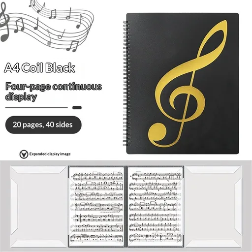 Sheet Music Folder, Music Binder, 4 Page Expand,20 Pages Capacity, Writable Choir Folder, Black