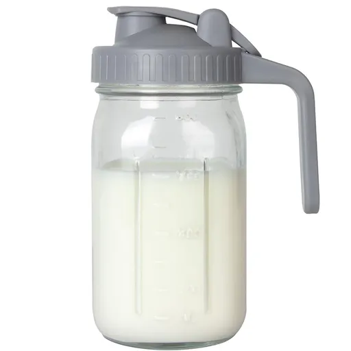 Grey Glass Mason Jar Pitcher 32oz with Flip Lid Pour Spout Milk Jug Leak-Proof Airtight Seal Wide Mouth Beverage Container Cold Brew Coffee Iced Tea Juice Milk Dispenser Fridge Storage