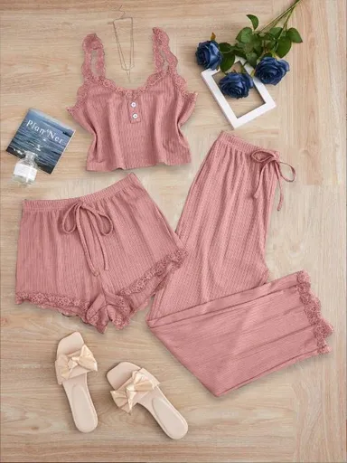 Subtle Lace Women Pajamas Set Sleepwear Pink XL
