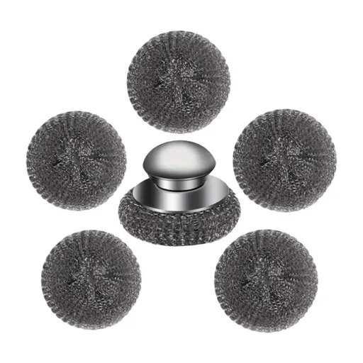 Steel Wool Scrubber Set, Stainless Steel Scrubber, Cast Iron Scrubber, Metal Wire Sponge with 1PC Handle Cleaning Handle and 5PCS Replacement Steel Wool Pads, non-splintering scouring tool