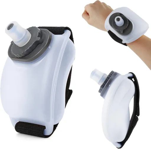 Wrist Sports Water Bottle with Adjustable Hand Strap 7 oz/200 ml Soft Silicone BPA-Free for Hydration Morning Jogging Running Climbing Hands-Free Exercise (White)