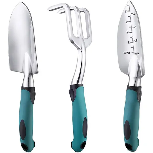 3-Piece Green Gardening Tool Set - Heavy Duty Aluminum Alloy with Bonus Claw Gardening Gloves - Rust Resistant Hand Trowel, Cultivator and Transplanter for Planting, Digging and Weeding