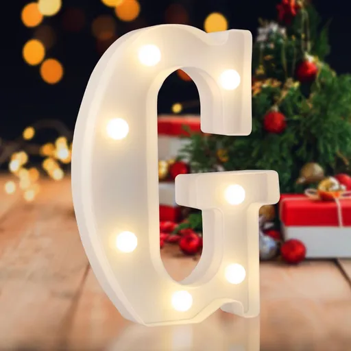 Sign letter G, warm white, 26 letters, 10 numbers, heart and & symbol; for birthday, party, Christmas, home, bar, wedding decoration; DIY word combinations; wall & tabletop display; battery operated.