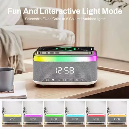 Bluetooth Speaker Alarm Clock Wireless Charging Multifunctional Ambient Light - White - Size 01