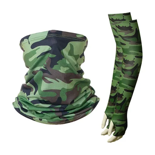 Jungle Camo Sun‑Resistant Arm‑Glove‑Neck Cover Kit, Durable Fabric For Rough Outdoor Environment, Christmas Wilderness Hiking Gift, One Size, Camo Army Green Mask, 2 Pcs