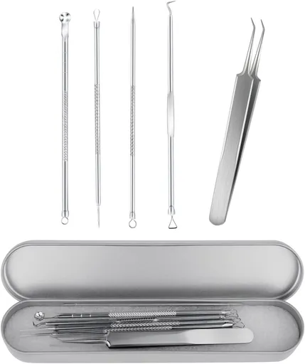 Blackhead Remover Tool Pimple Popper Kit 5 Pack Extractor Tools with Case Comedone Zit Acne Blemish Whitehead Removal Professional Stainless Steel for Face Nose
