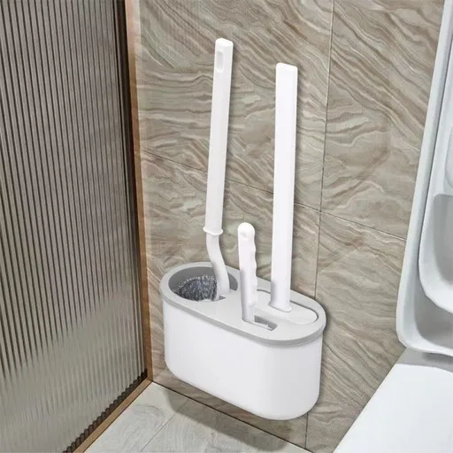 White Toilet Brush Set with Holder - 3-in-1 Wall Mounted Bathroom Cleaning Kit, TPR Soft Bristle & 360° Globe Brush, No-Drill Adhesive Base, Space Saving Design for Home, Apartment, Rental