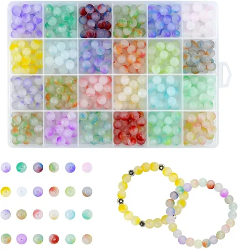 480 Piece Glass Beads - 8mm Round Crystal for Jewelry Making 24 Colors DIY Chakra Kit