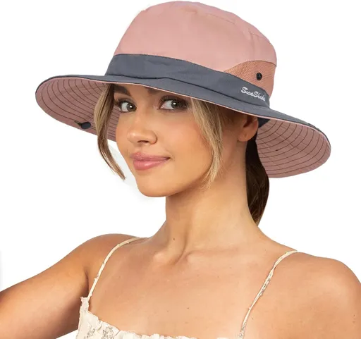 Sun Hat for Women Summer UV Protection Beach Hat Wide Brim Mesh Bucket Fishing Hat with Ponytail Hole Foldable Packable Hat