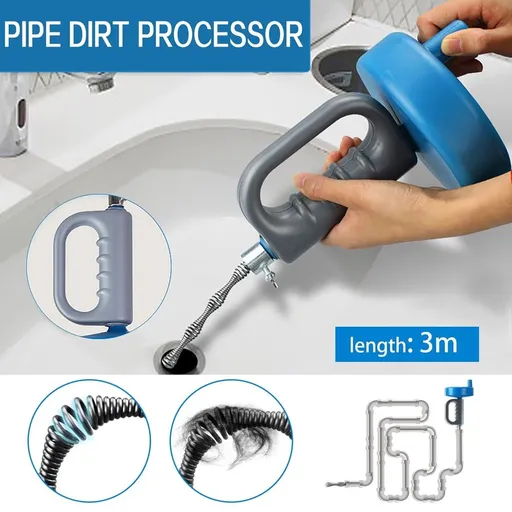 Heavy Duty 5M Pipe Snake Drain Cleaner | Flexible Steel Cable Sink Hair Remover for Bathtub, Shower & Kitchen | 4-Size Spring Steel Nozzles | Ergonomic Pistol Grip | Toilets & Sewers