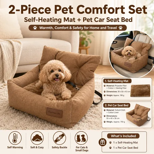 Self-Heating Pet Mat 36x50cm Brown and Pet Car Booster Seat 55x40cm Yellow Non-Slip Safe Travel Sofa Bed for Small Dogs Cats Indoor Use
