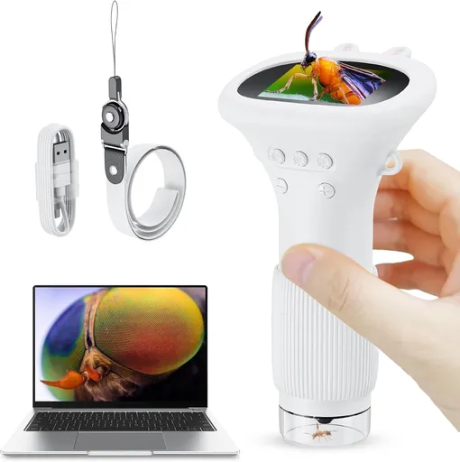 Student Digital Microscope for Kids – Portable 1000x Magnification Handheld Scope with 2 Inch HD Screen, LED Light & Photo Storage, Ideal for Science Class and Outdoor Exploration (White)