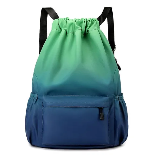 Nylon Gradient Drawstring Sports Backpack Water-Resistant Gym Bag with Multiple Pockets Dark Green - S