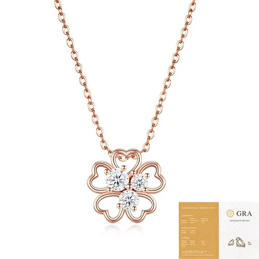 Elegant Four-Leaf Clover Moissanite Pendant Necklace in Rose Gold, Featuring Three Heart-Shaped Stones with Eight Hearts and Eight Arrows Cut, Perfect for Daily Wear, Commuting, and Gifting with Adjustable Chain (Moissanite, Premium S925)