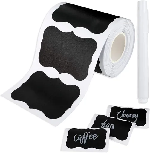 Cerolopy 150Pcs Waterproof Chalkboard Labels, Reusable Blackboard Stickers for Kitchen Organize with 1 White Chalk Pen,Removable Label Sticker on a Roll for Jars, Scrapbooking(Lace Shape)
