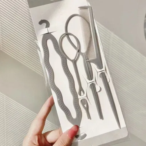 Hair Styling Tool 4-Piece Set, Lazy Hair Braiding Needle for Kids & Adults—Gray