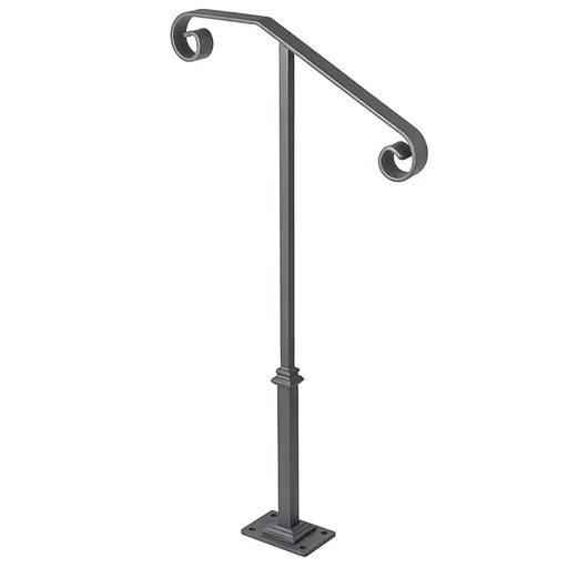 Handrails for Outdoor Steps, Fit 1 or 2 Steps Outdoor Stair Railing, Single Post Wrought Iron Handrail, Gray Transitional Porch Railings for Concrete Steps or Wooden Stairs with Base