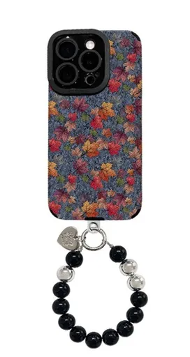Oil Painting Flower Cluster Beaded Bracelet Phone Case - Vintage Art Design with 3D Beaded Chain - Soft Silicone Leather Back Cover - Black for iPhone 17