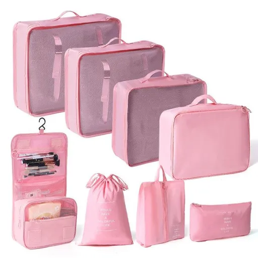 All-Round Suitcase Clothing Pouches For Journey, 8 Pcs Travel Packing Set With Hanging Wash Pouch, Pink, Sweet Holiday Traveller Gift
