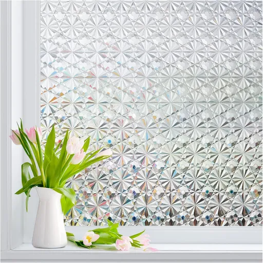 Window Privacy Film Frosted GlassClings: Stained Glass Rainbow Bathroom Film Diamond 3D Static Covering(Pure,17.7X787.4in)