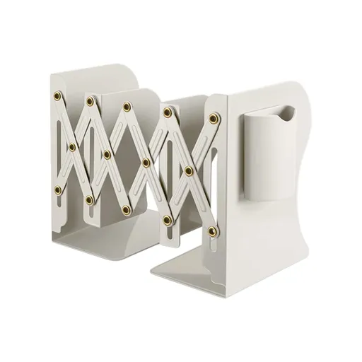 Extendable Metal Bookend and Desk Organiser with Storage Compartments for Books, Magazines, Stationery and Office Supplies, White