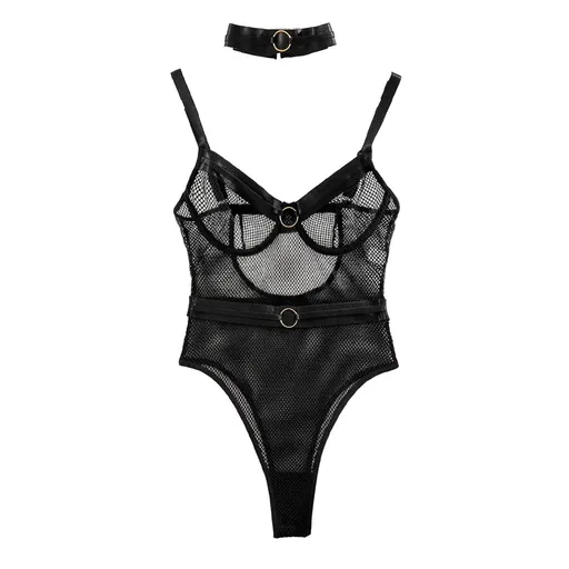 Sexy Women's Sheer Mesh Metallic Halter Bodysuit With Shaping And Gathering Design - M