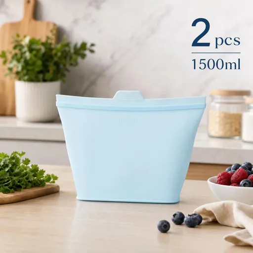 2 PackFood-Grade Silicone Food Storage Bags, Light Blue, 1500ml