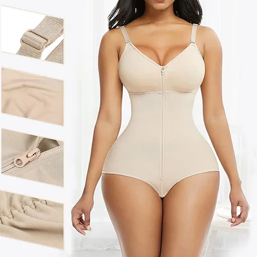 4XL Skin Color Women's Seamless Body-Shaping Onesie with Zipper - Abdomen Slimming and Hip Lifting