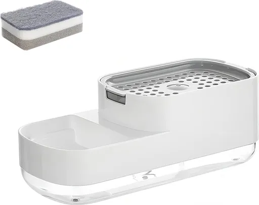 Soap Pump - 2 In 1 - Sponge Holder - Soap Dispenser - Drying Rack - Includes Sponge - ABS - Countertop - Push-Type - Kitchen Accessory - Sink - Gadgets - Sink Organizer - Countertop Organizer - Small Soap Pump - Doing the Dishes - Clean - Very Practi