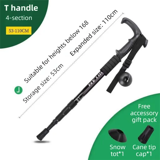 53-110 CM Black Ultralight Telescopic Aluminum Trekking Pole (4-Section T-Handle) - Professional & Compact Shock-Absorbing Trail Support