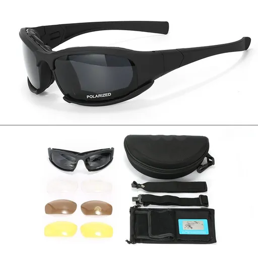 Black Tactical Protection Goggles with Storage Box and Elastic Straps (Polarized 4-Lens Set) - Windproof, Dustproof, UV Protection for Cycling, Tactical shooting and Outdoor Use