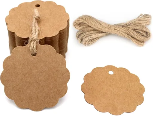 100PCS Craft Scalloped Paper Gift Tags with Natural Jute Twines, 2.4'' Round Gift Tags Kraft Paper Present Tag for Birthday Party, Wedding Decoration Gifts, Arts & Crafts (Brown)