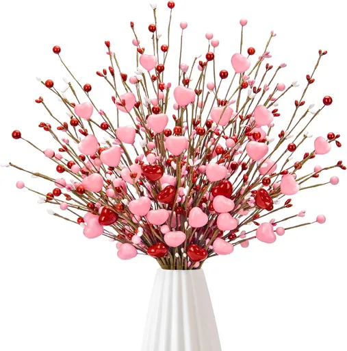 Valentines Day Decorations, Valentine Artificial Flowers Picks Pink Red Heart Shaped Berry Stems Valentines Day Gifts for Home Wedding Candlelight Dinner Anniversary Birthday Party Office Table Decor