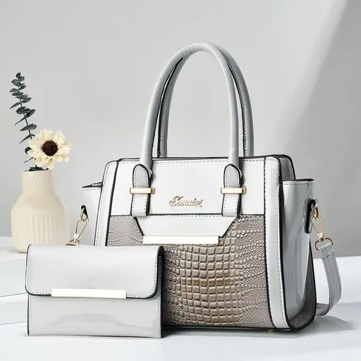 Grey Women's Handbag Set - Large Capacity 2 Piece Shoulder Bag with Matching Wallet