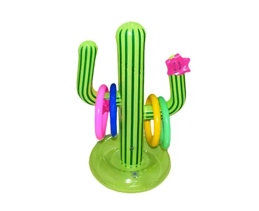 Inflatable Cactus Ring Toss Game Set Target Toss Floating Swimming Ring Toss Includes Inflatable Cactus, 4 Color Rings