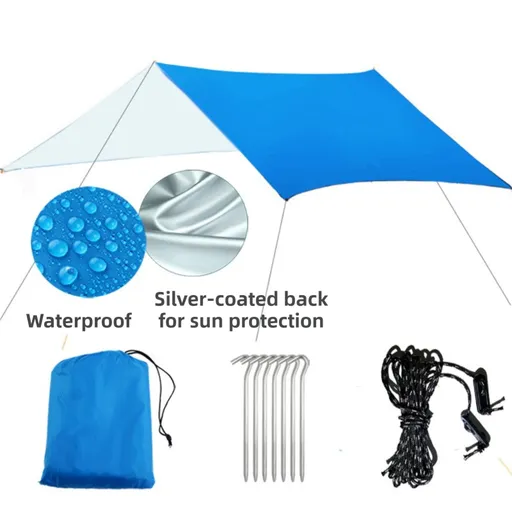 Blue 300 x 300cm Waterproof Camping Tarp Shelter Set - Silver Coated Sun Protection, Storage Bag, 6 Guy Ropes and 6 Ground Pegs for Camping, Beach & Outdoor Shade