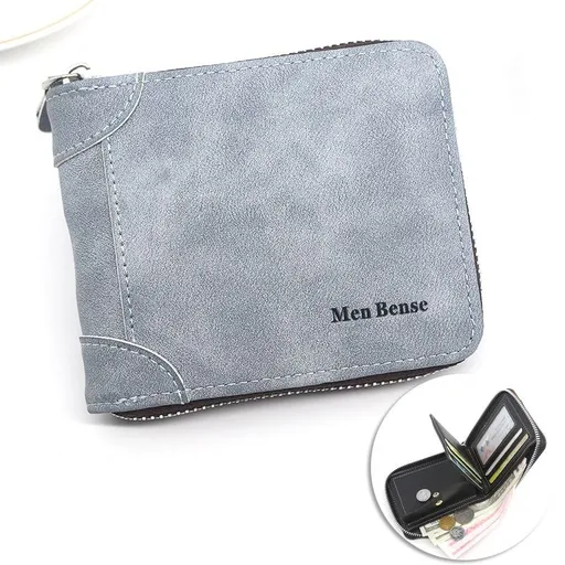 Vintage Matte PU Leather Zip-Around Bifold Wallet for Men, Multi-Card Slot Coin Purse with ID Window, Casual Short Billfold Purse (Gray-Blue)